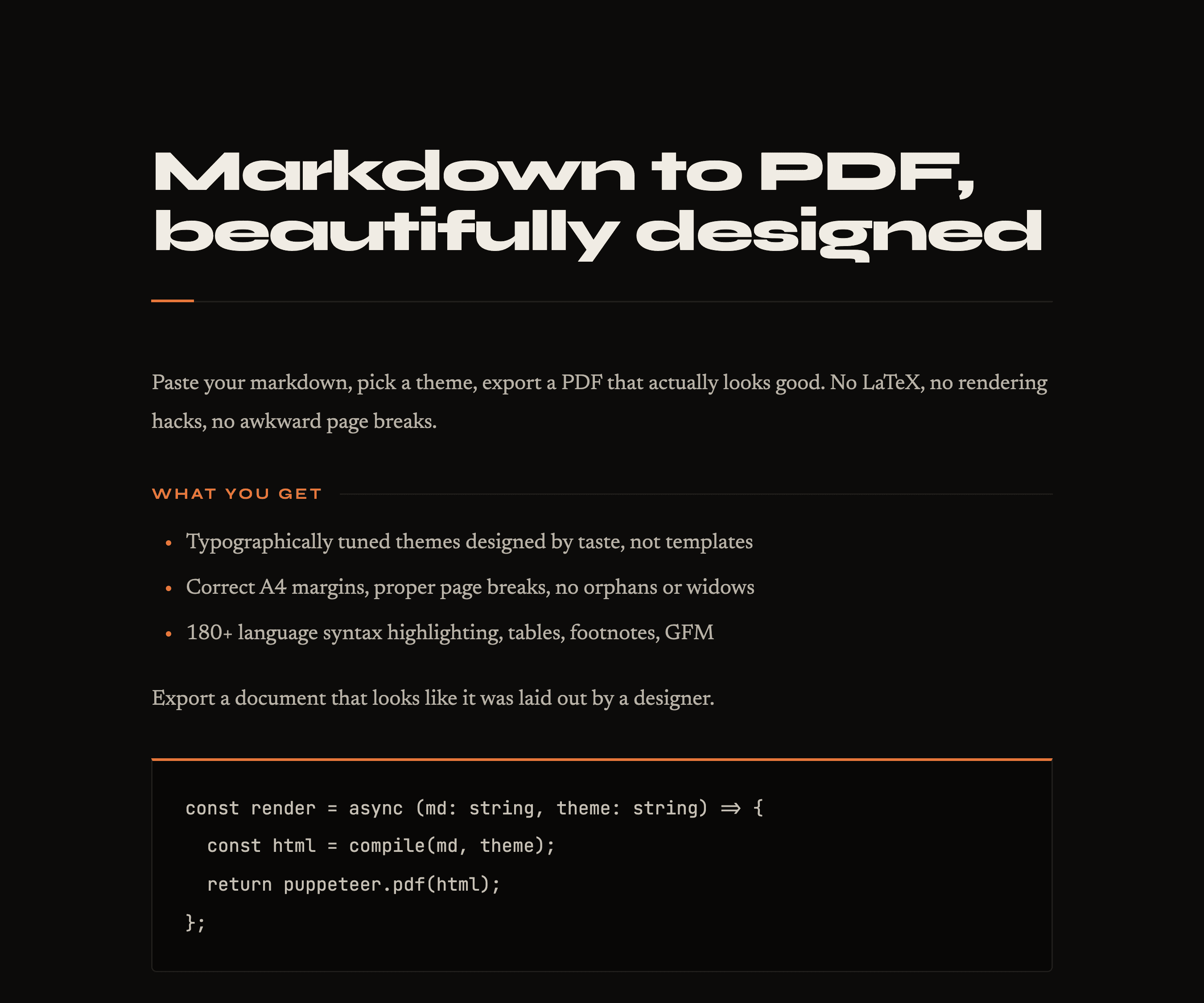 Midnight theme — Deep indigo dark. A sample PDF rendered by MarkPDF.