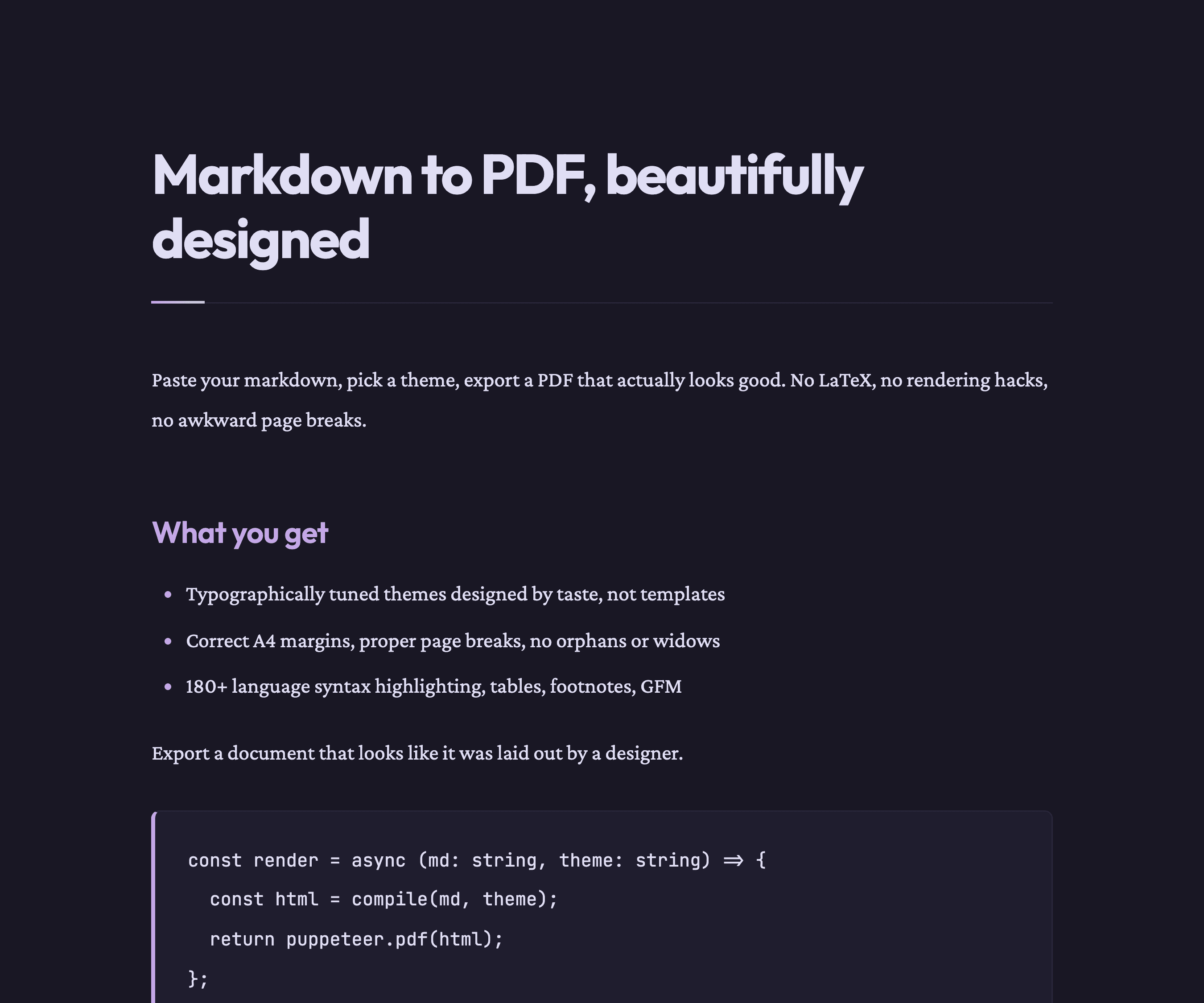 Rosé Pine theme — Poetic dark. A sample PDF rendered by MarkPDF.